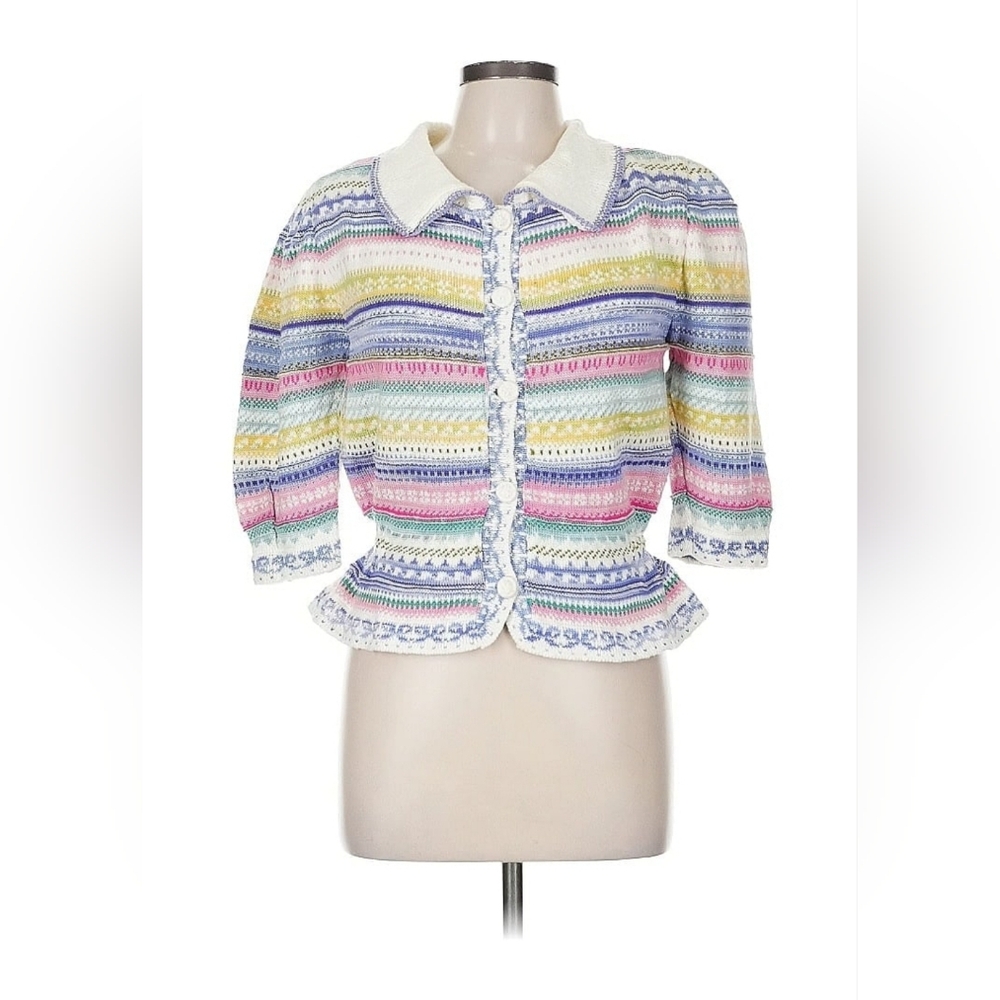 Cullinane Vtg 80s USA MADE Peplum Cardigan Fair Isle Women M PETITE 100% Cotton